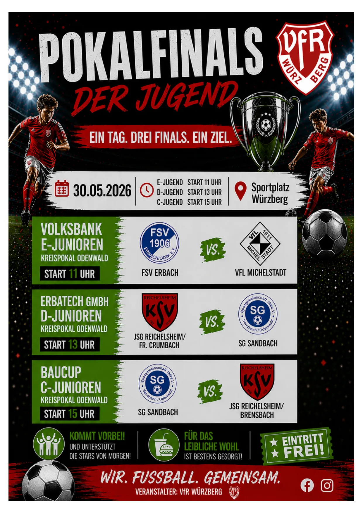 Plakat Pokalfinals der Jugend 2026 — drei Kreispokal-Endspiele am Sportplatz Würzberg