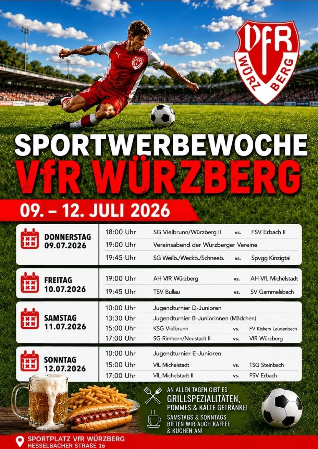 Plakat Sportwerbewoche VfR Würzberg vom 9. bis 12. Juli 2026 mit Spielplan